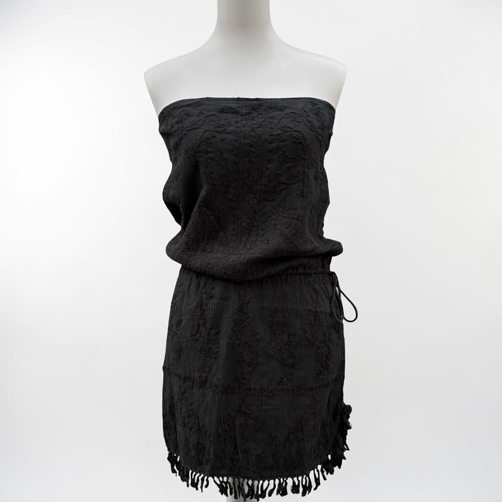 Melissa Odabash Siobhan Dress L Black NEW Embroidered Cotton Gauze Fringe Boho